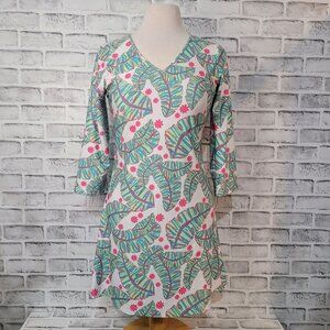 Kaeli Smith 3/4 Sleeve Tropical Palm Print Dress Green Teal Pink Size Medium